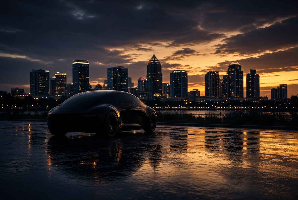 Autonomous vehicle at dusk against the Orlando skyline